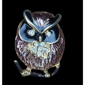 Vintage Enamel Owl Brooch Pin Gold Tone Wisdom Teacher Gift Whimsy Boho Cottage